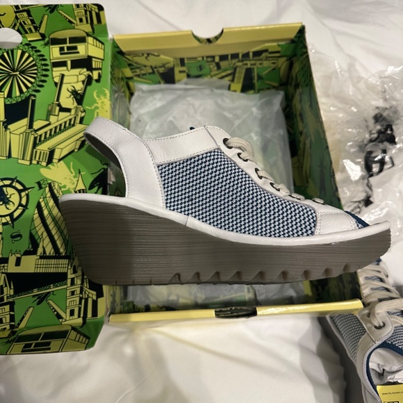 Fly London YEDU 158 Mousse ( Knitt)sneaker lace, blue and white wedge sandal NEW - Picture 4 of 5